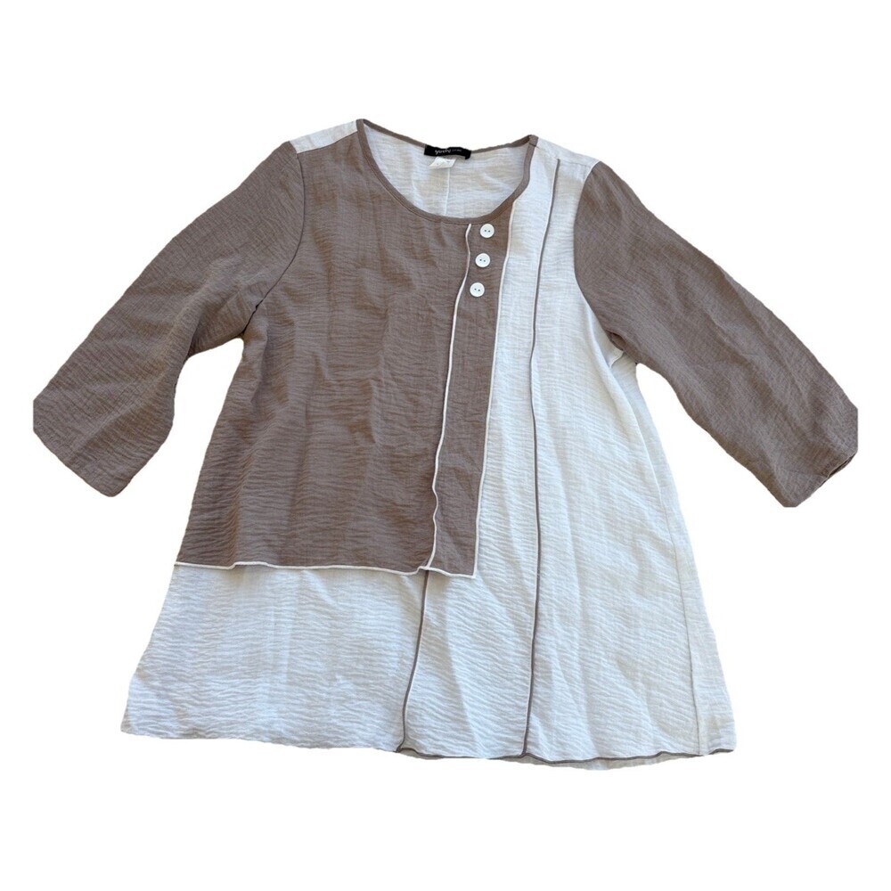 Yushi Medium White Beige Color Block Crinkle Tunic Artsy Langenlook 3/4 Sleeve